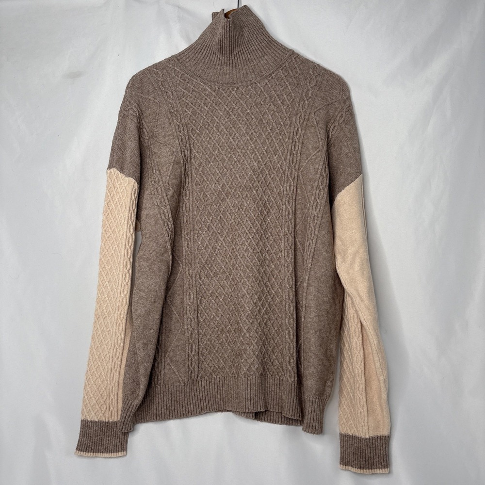 Cyrus Two Toned Cable Knit Turtleneck Sweater Womens XL Brown Cream